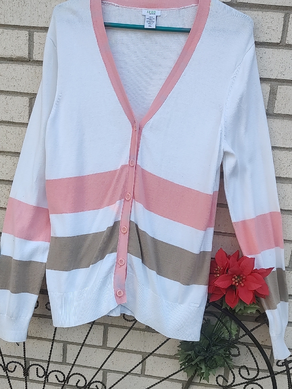 Izod White Pink and Tan Striped V-Neck Cardigan - Picture 4 of 9
